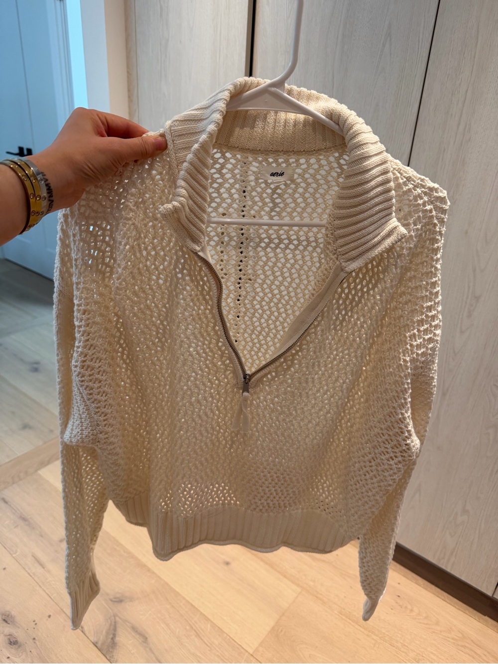 aerie Cream Open-Knit Half-Zip Turtleneck Sweater